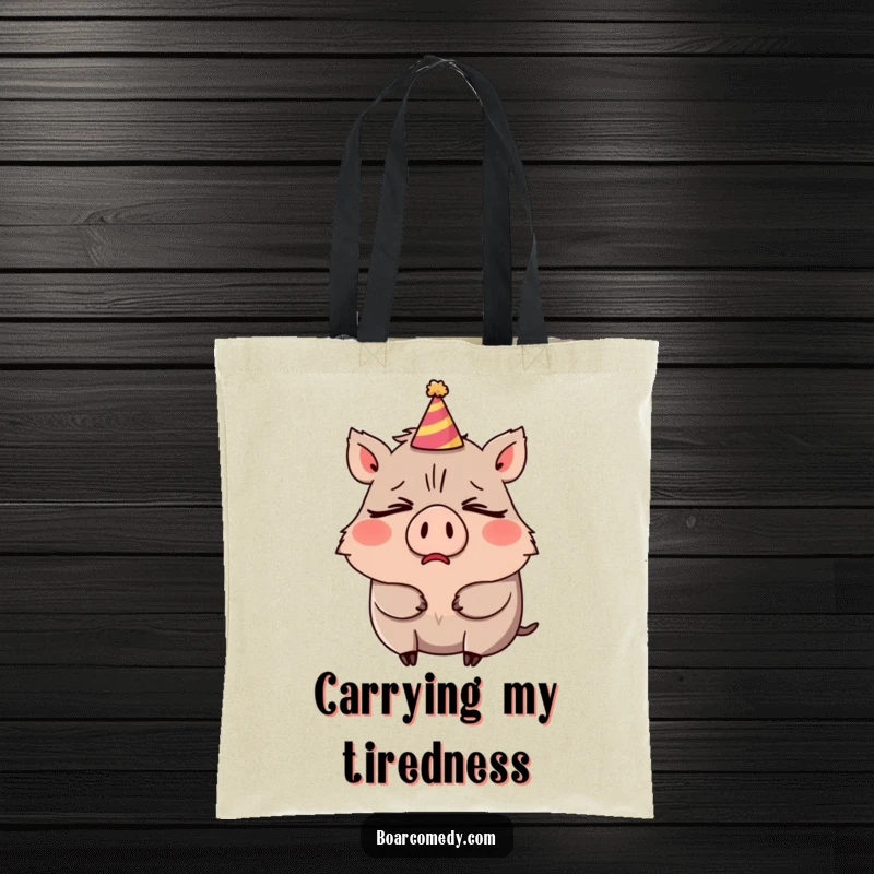 Funny tote bag illustrating a sleepy boar character mid-yawn, its small party hat comically tilted.