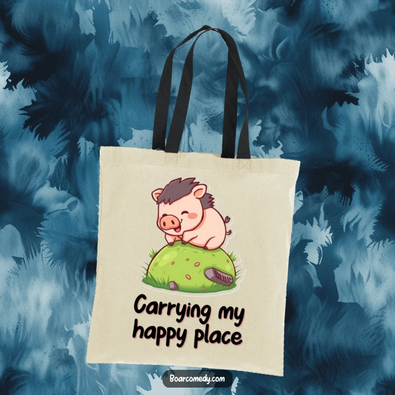 Funny tote bag showcasing a joyful, round boar character in the midst of a hilarious roll down a grassy incline.