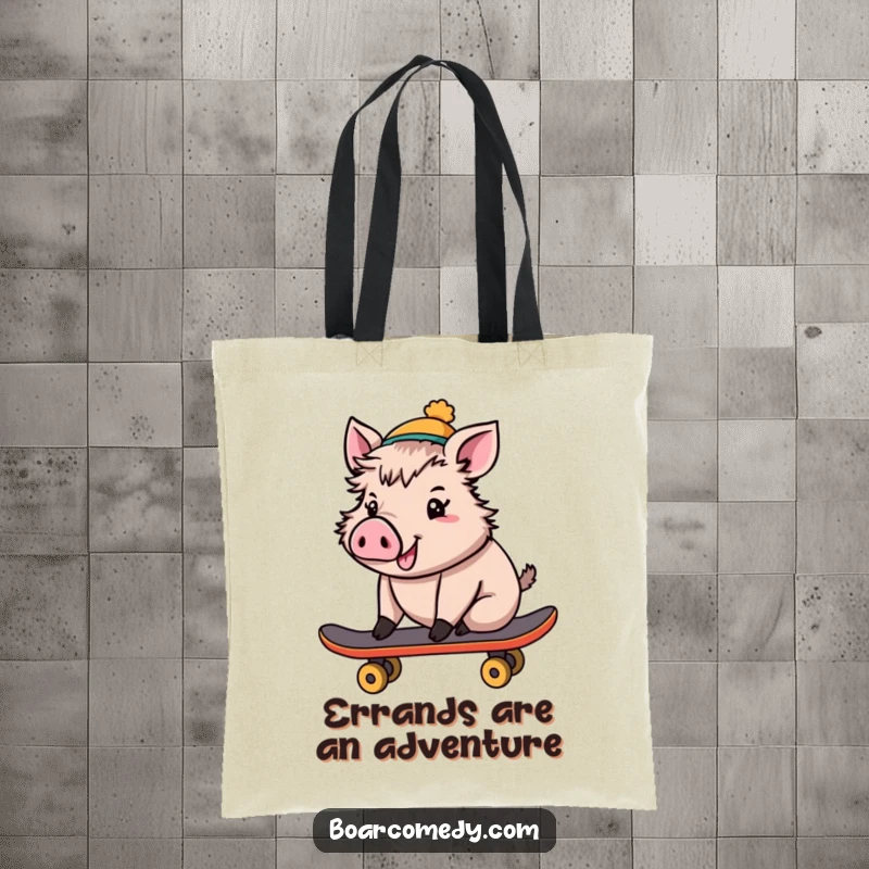 Funny Tote Bag: Cheerful boar in a tiny hat, riding a skateboard, ideal for carrying essentials with cool, humorous style.