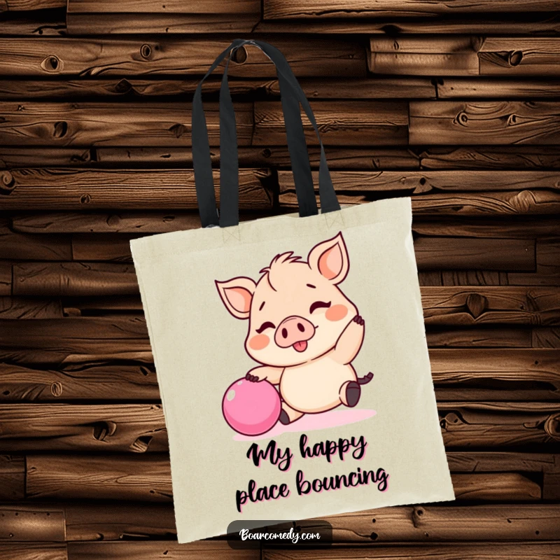 Funny Kawaii boar tote bag, a tiny boar happily bouncing a pink ball, perfect for carrying daily items.