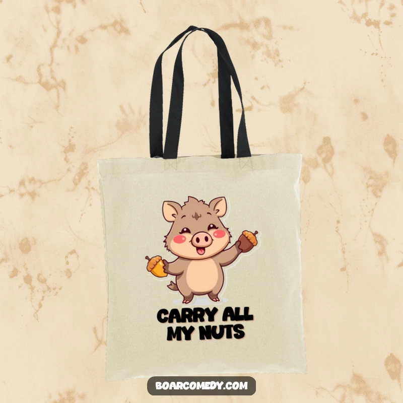 Funny Kawaii Boar character with a comical expression, enthusiastically juggling three bright acorns, on a durable and stylish tote bag.