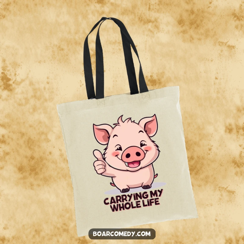 Funny Kawaii Boar Tote Bag: A cheerful kawaii boar offering a strong thumbs up, its wide grin radiating pure joy.