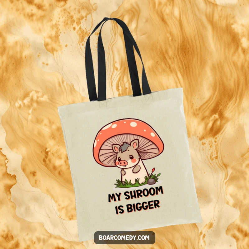 Funny kawaii boar peeking from behind a giant mushroom on a durable tote bag, perfect for stylish carrying.