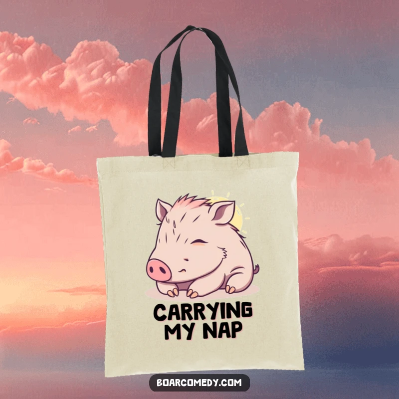 Funny kawaii boar tote bag showing a content boar napping in a sunbeam, perfect for carrying calm and essentials.