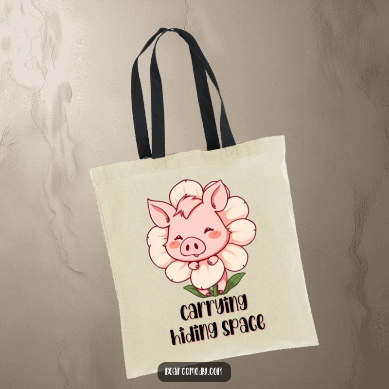 Funny Tote Bag: Blushing boar character shyly peeking from behind a large flower, offering a sweet, bashful smile.