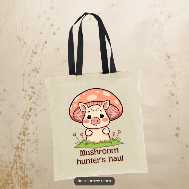 Funny blushing, surprised boar character peeking shyly from behind a large, colorful striped mushroom, on a durable and stylish tote bag.