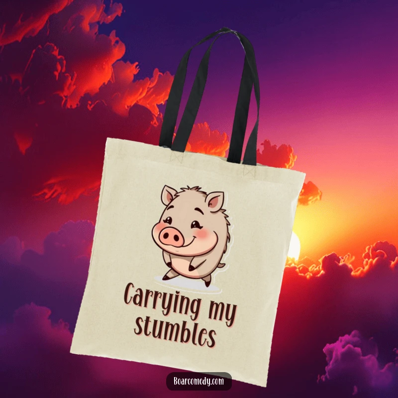 Funny tote bag featuring a small round boar character tripping with a funny expression, perfect for daily use.
