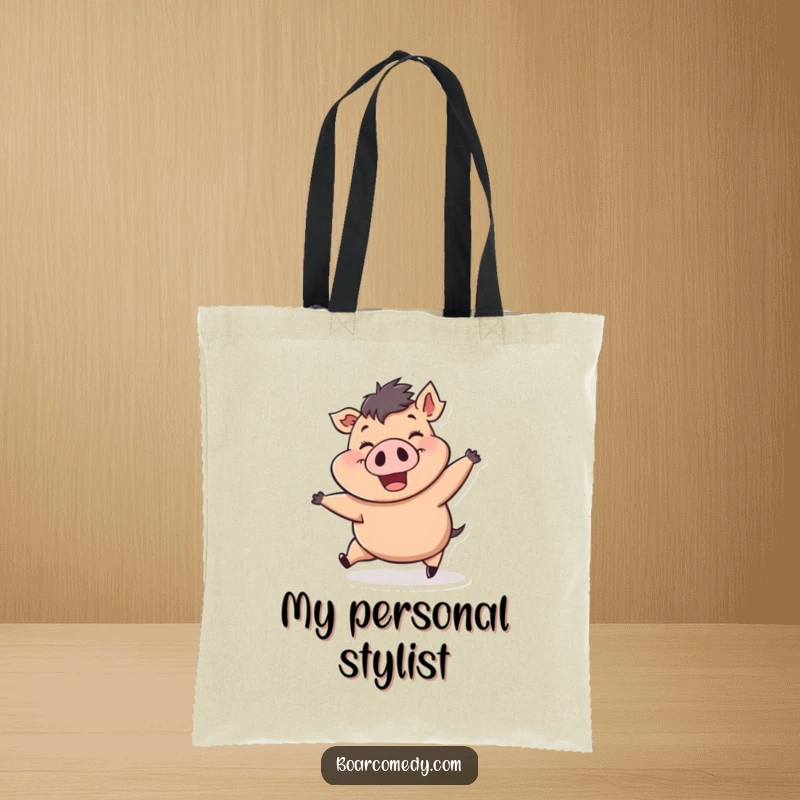 Funny tote bag with a plump, cheerful boar character being pushed by a strong wind gust, its wide grin perfect for any adventurer.