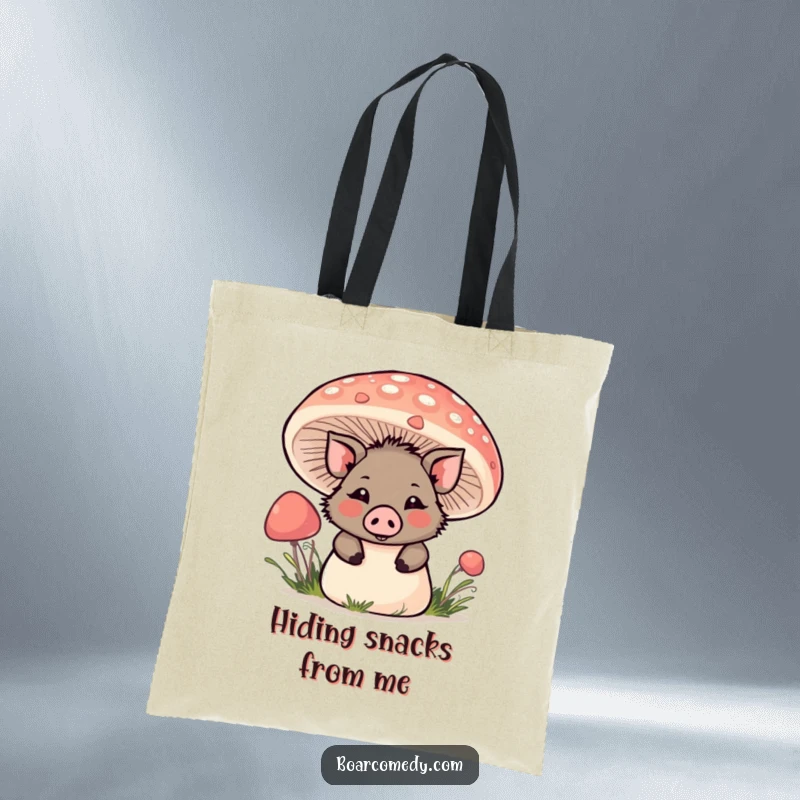 Funny Kawaii Boar Tote Bag: Features a kawaii boar playfully peeking from behind a large mushroom, adding a whimsical touch.