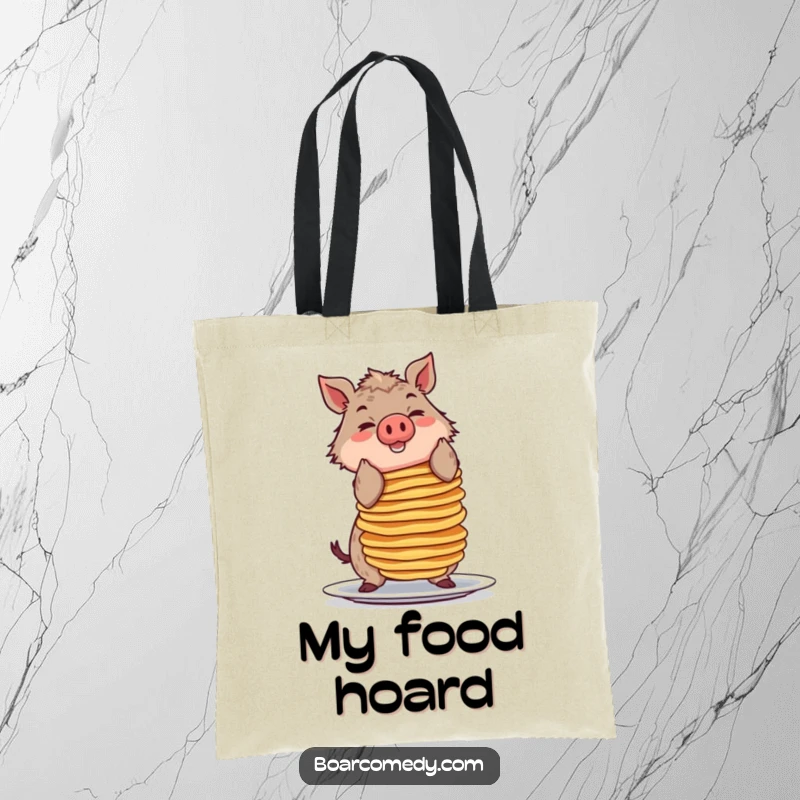 Funny tote bag showing a smiling boar character attempting to balance a large stack of pancakes, a humorous kitchen accessory.