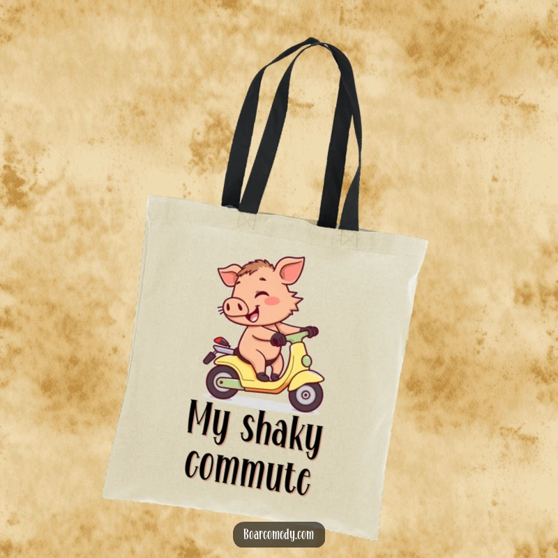 Funny cheerful little boar character wobbling precariously while attempting to ride a tiny scooter, on a durable and stylish tote bag.