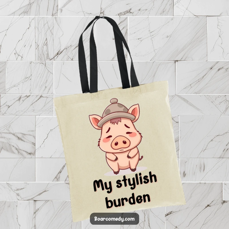 Funny tote bag showcasing a confused boar character wearing a comically oversized tiny hat, a humorous and practical accessory.