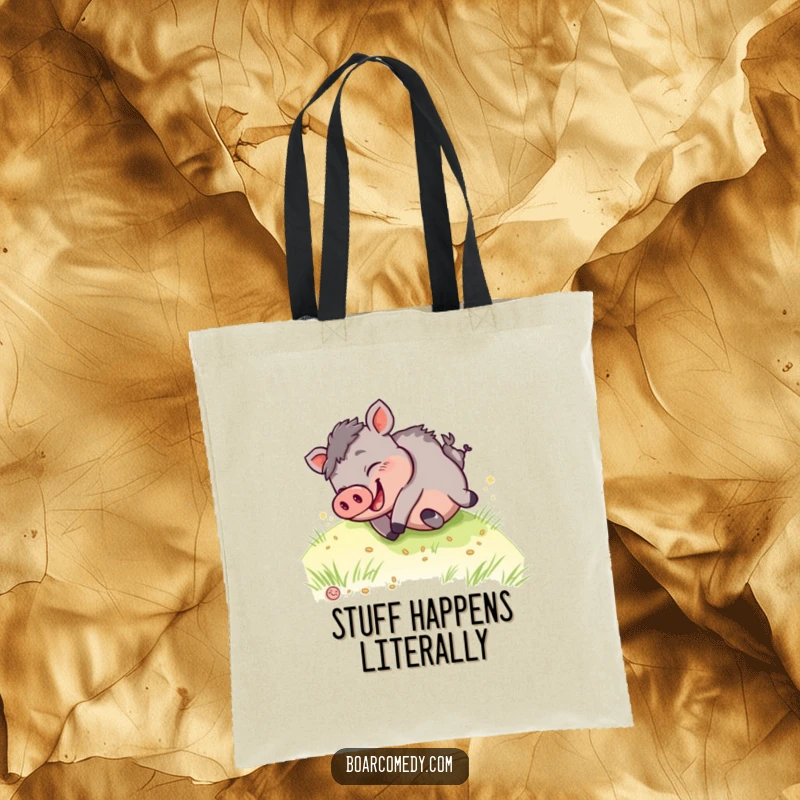 Funny kawaii boar tote bag showing a happy boar rolling down a grassy hill, perfect for carrying groceries or treasures.