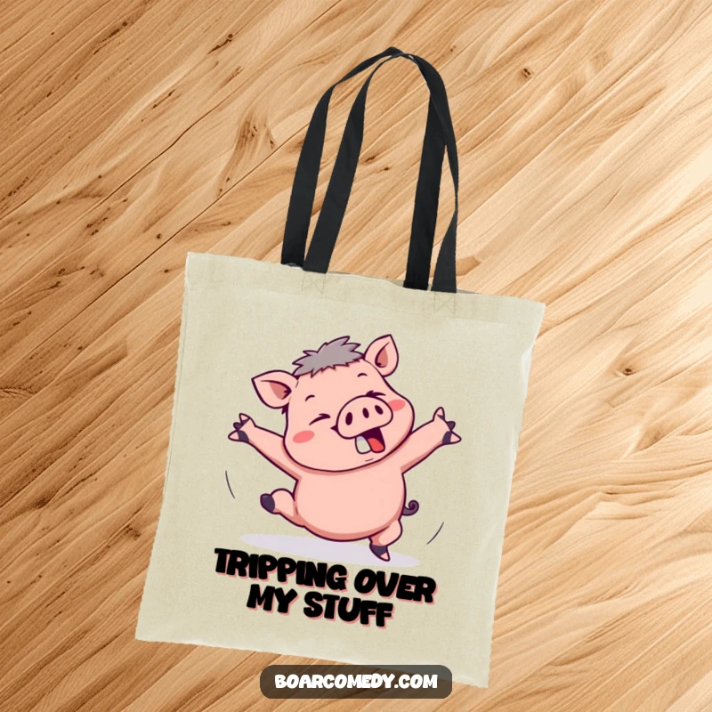 Funny Kawaii Boar Tote Bag: Features a kawaii boar comically tripping, arms flailing wildly in a hilarious display of clumsiness.