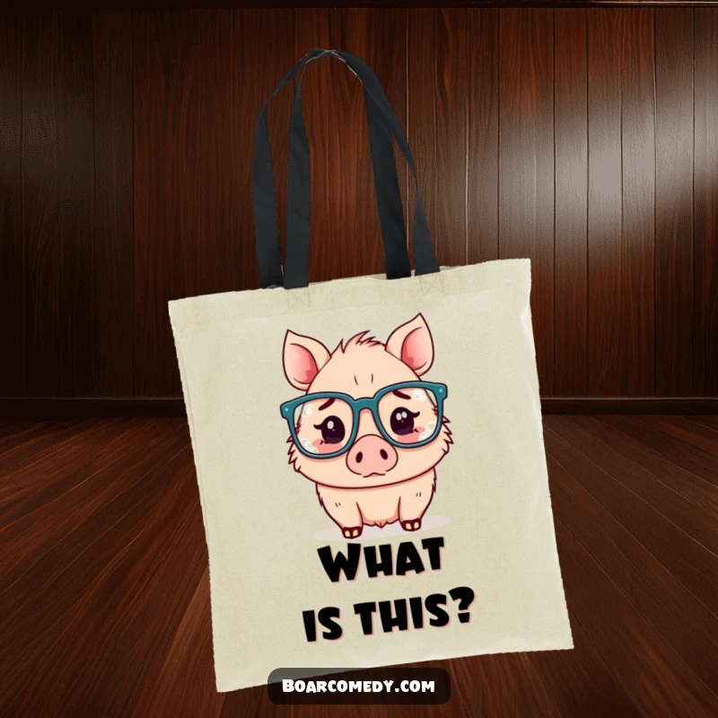 Funny Kawaii boar tote bag, a bewildered boar wearing glasses, great for carrying books and thoughts.